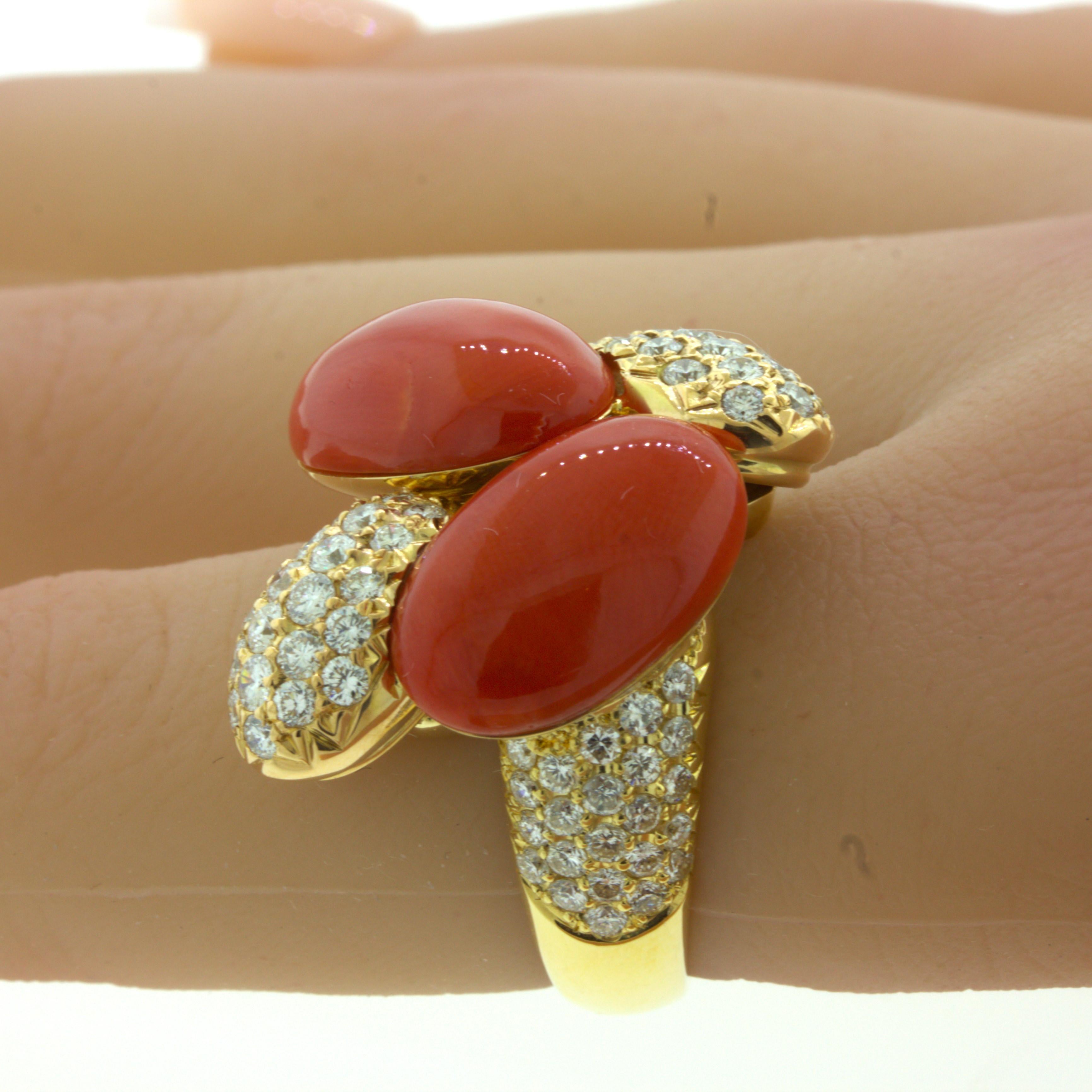 Coral Diamond 18k Yellow Gold Cocktail Ring For Sale 4