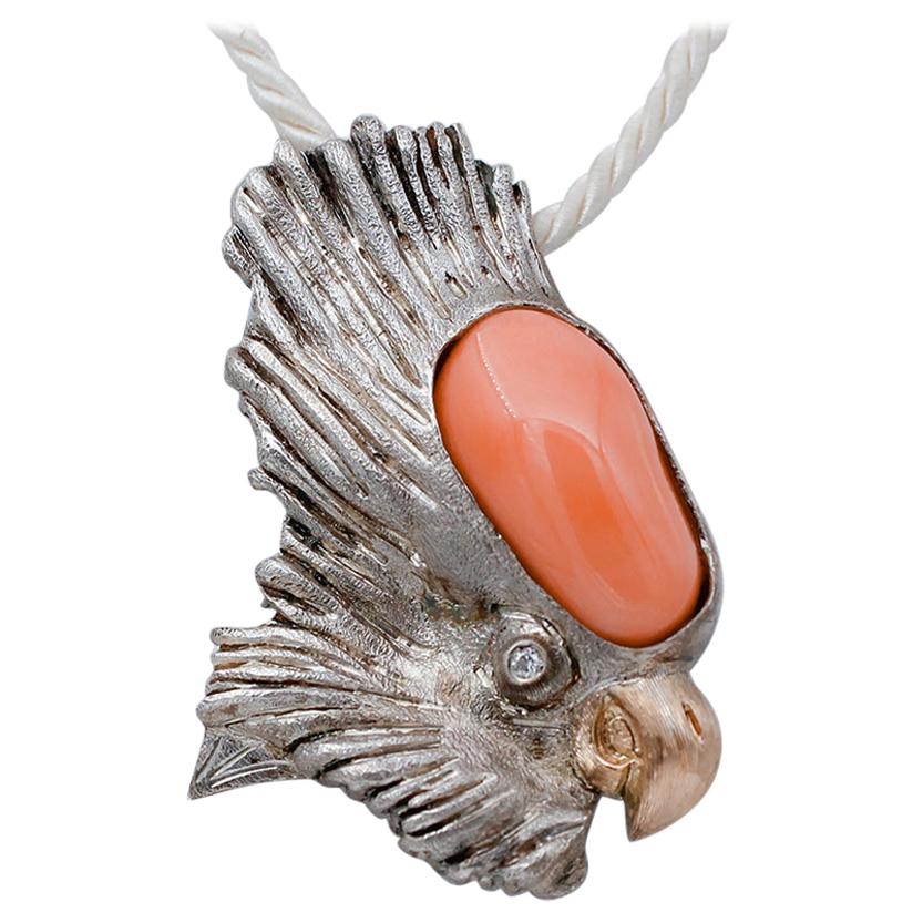 Coral, Diamond, 9Kt Rose Gold and Silver Parrot Shape Brooch/ Pendant Necklace For Sale