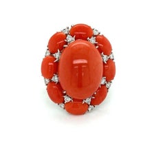 Vintage Coral, Diamond and 18k White Gold Ring