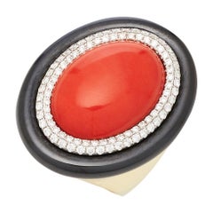 Coral Diamond and Black Enamel Cocktail Ring