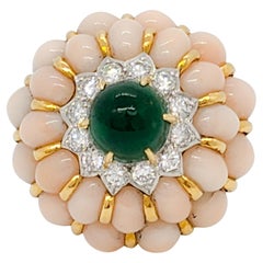 Coral, Diamond, and Emerald Cabochon Cocktail Ring in 18k Yellow Gold