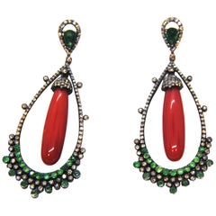 Coral, Diamond, and Emerald Chandelier 18 Karat Gold and Silver Earrings
