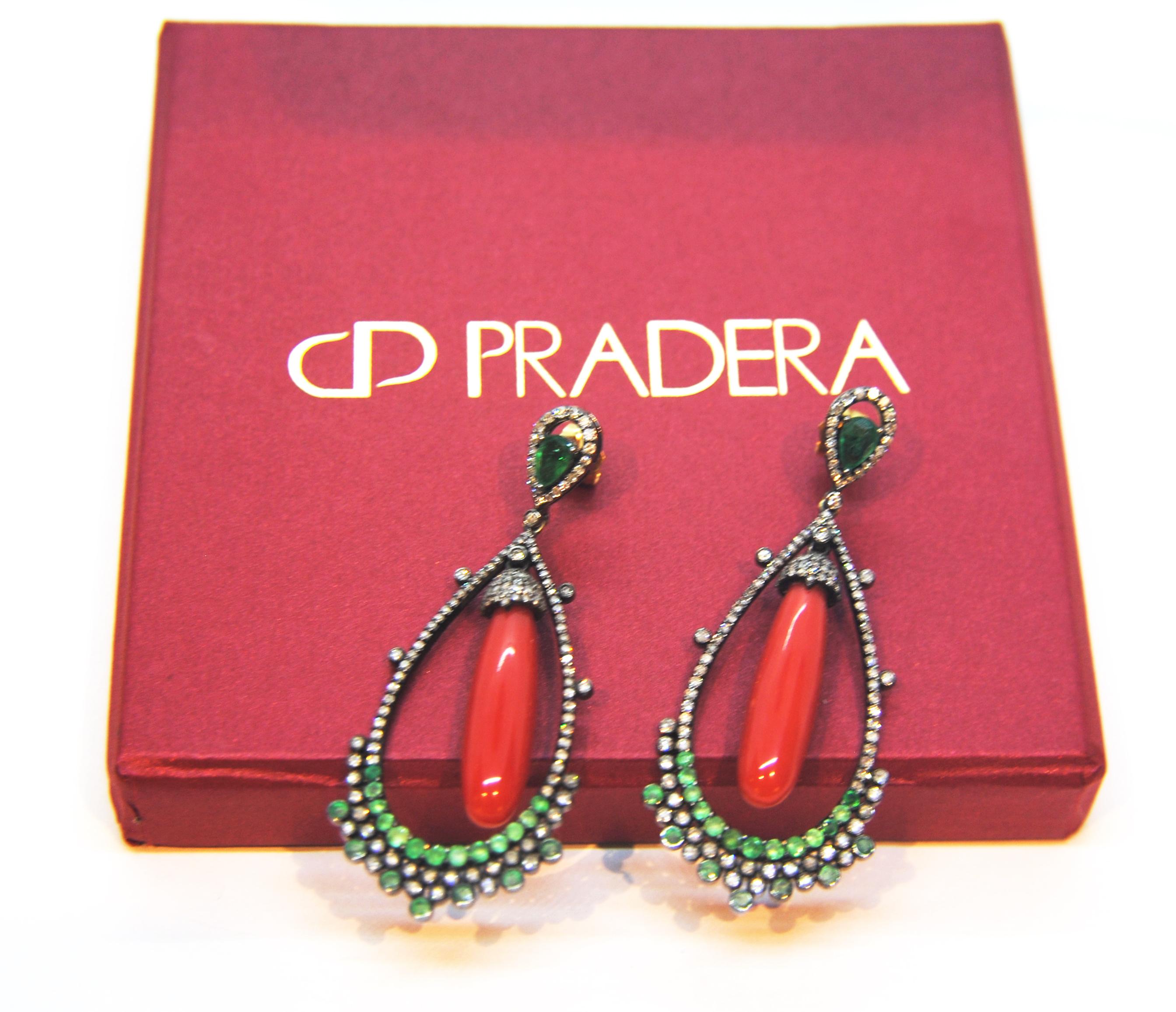 Brilliant Cut Coral, Diamond, and Emerald Chandelier 18 Karat Gold and Silver Earrings For Sale