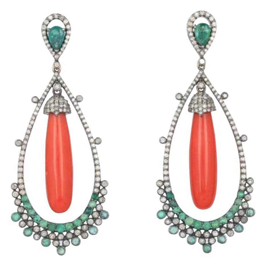 Coral, Diamond, and Emerald Chandelier 18 Karat Gold and Silver Earrings