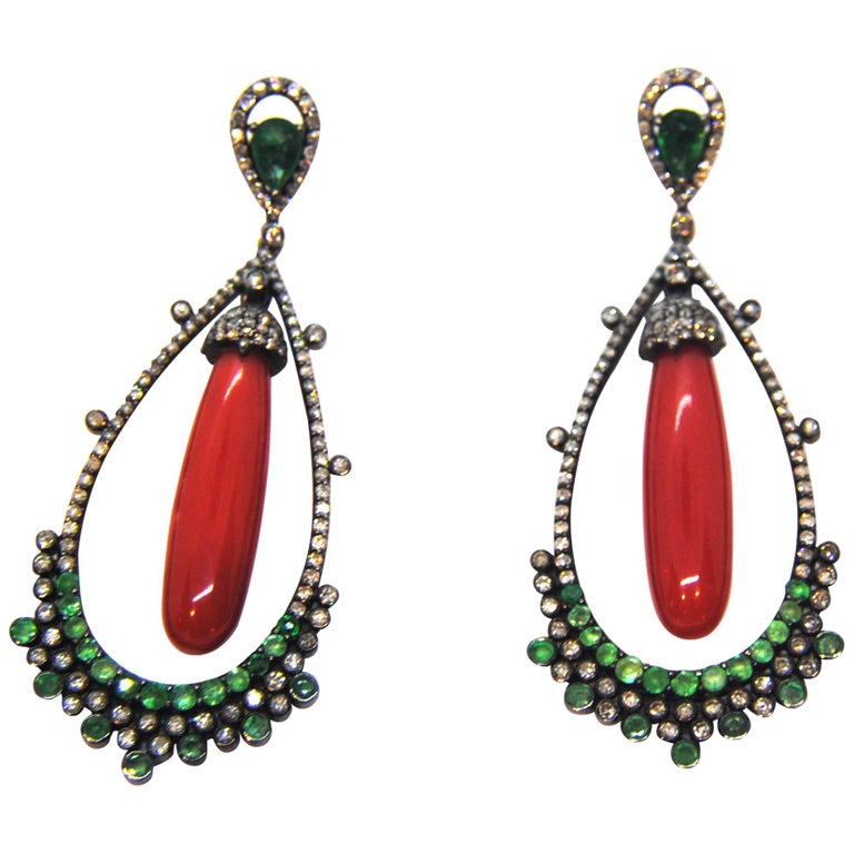 Coral, Diamond, and Emerald Chandelier 18 Karat Gold and Silver Earrings For Sale