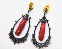 Coral, Diamond, and Emerald Chandelier 18 Karat Gold and Silver Earrings