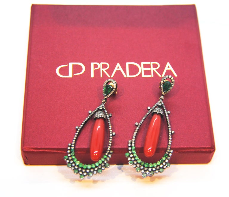Anglo-Indian Coral, Diamond, and Emerald Chandelier 18 Karat Gold and Silver Earrings For Sale