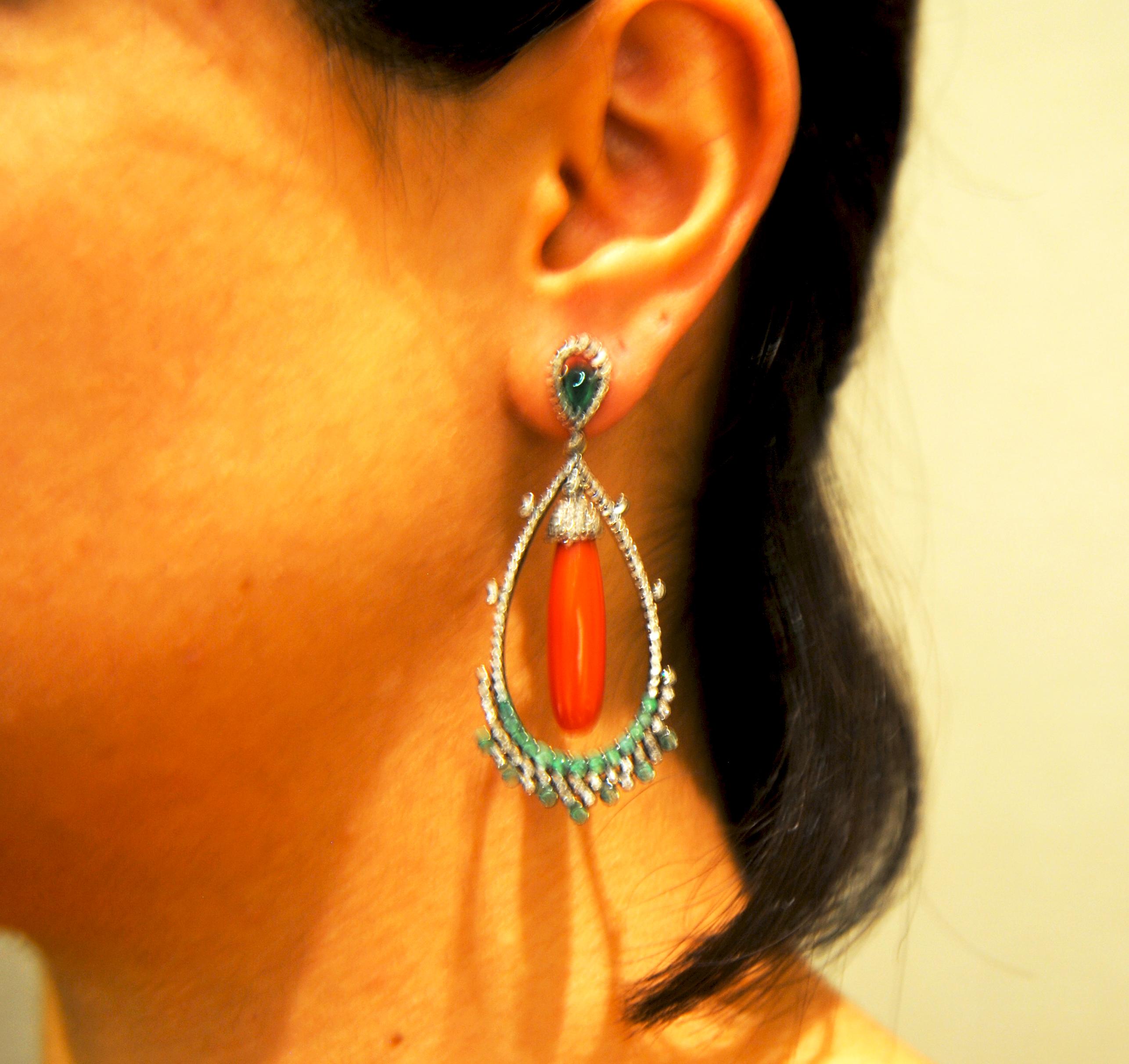 Anglo-Indian Coral, Diamond, and Emerald Chandelier 18 Karat Gold and Silver Earrings For Sale