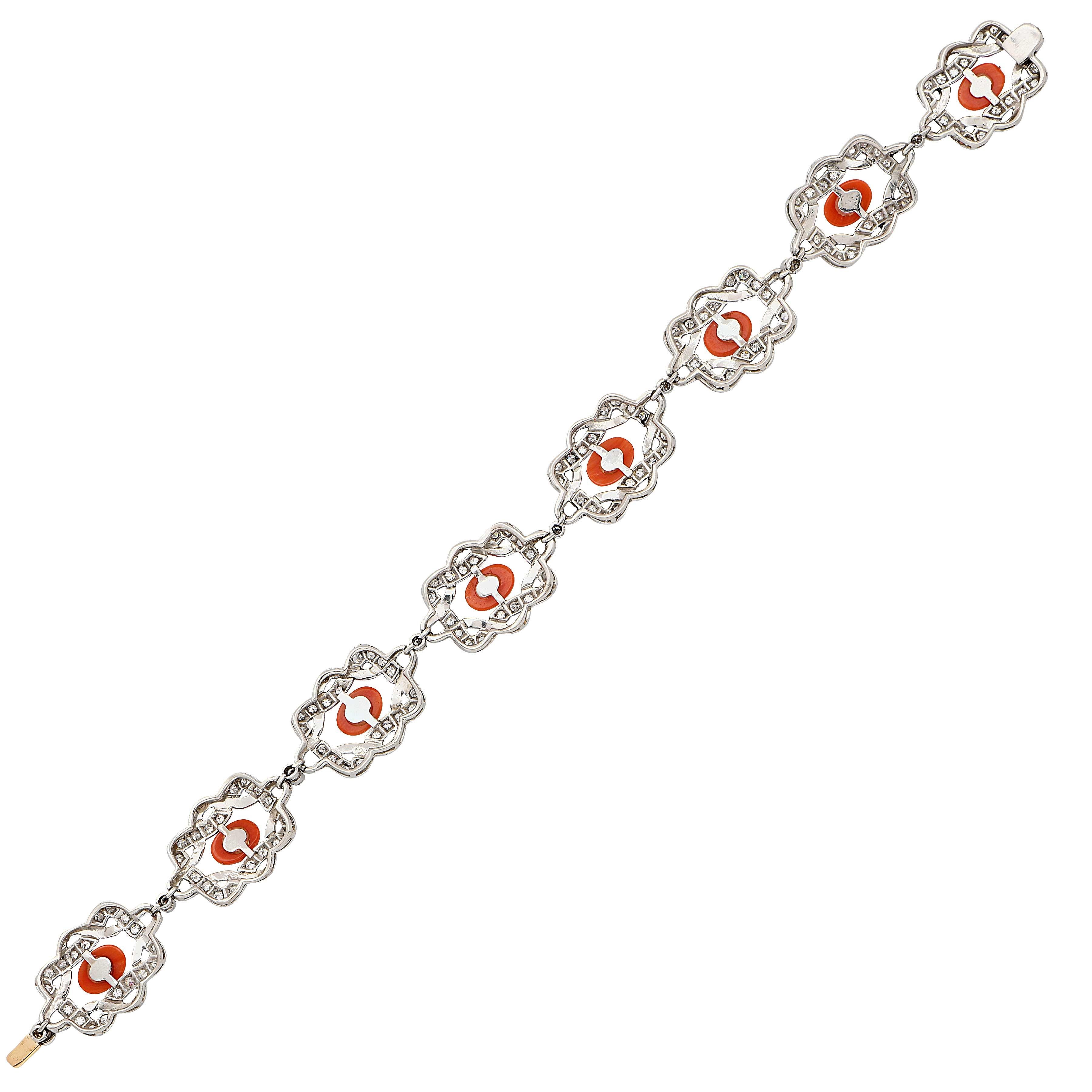 Coral, Diamond and Enamel Platinum Bracelet In Good Condition In Bay Harbor Islands, FL