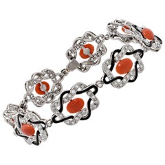 Coral, Diamond and Enamel Platinum Bracelet