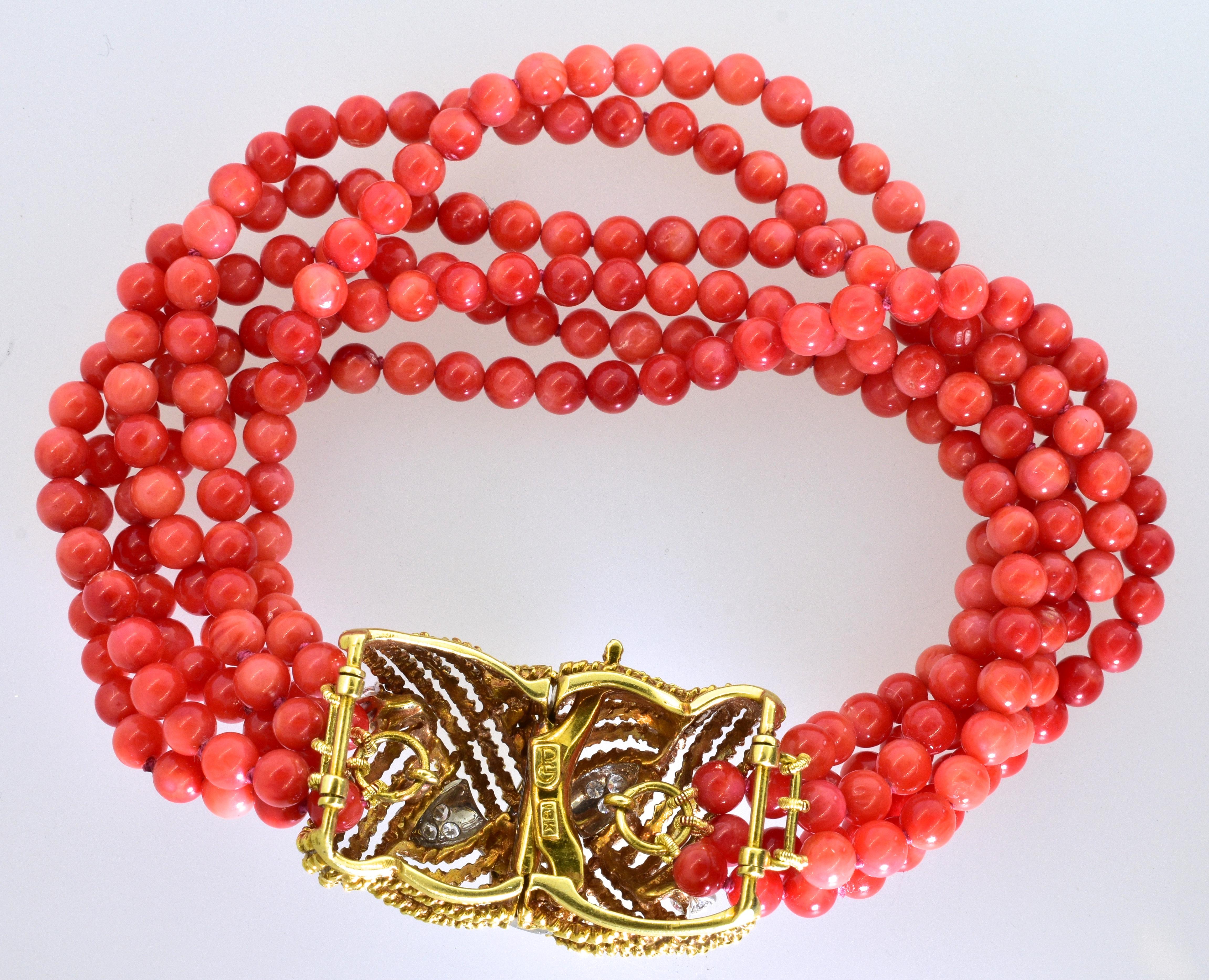 Contemporary Coral, Diamond and Gold Bracelet, circa 1965