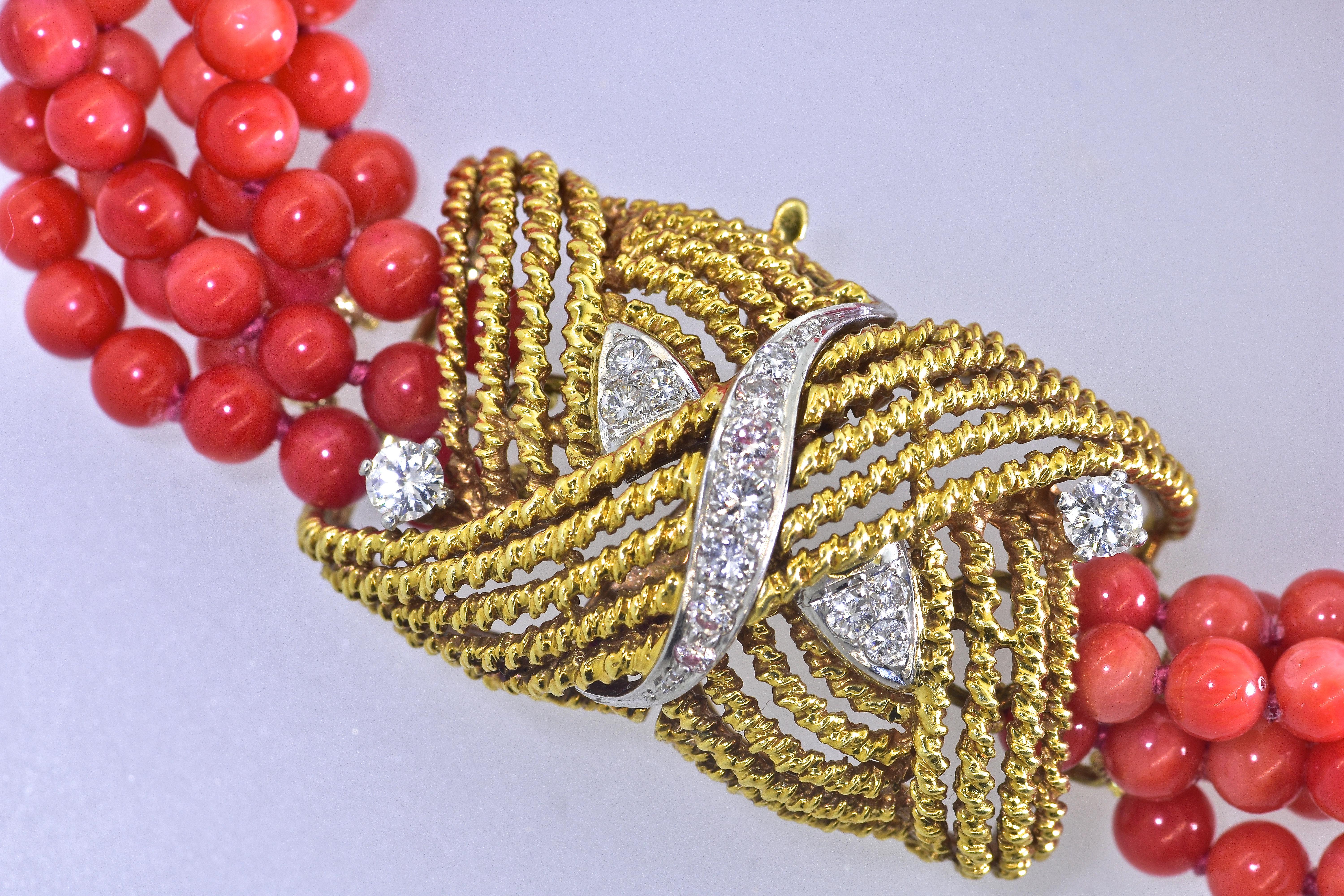 Coral, Diamond and Gold Bracelet, circa 1965 In Excellent Condition In Aspen, CO