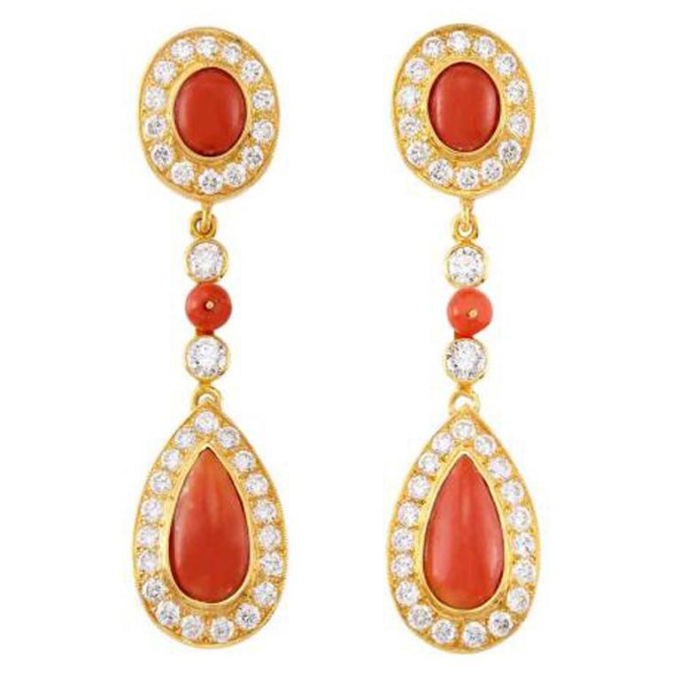 Coral, Diamond, and Gold Pendant-Earrings