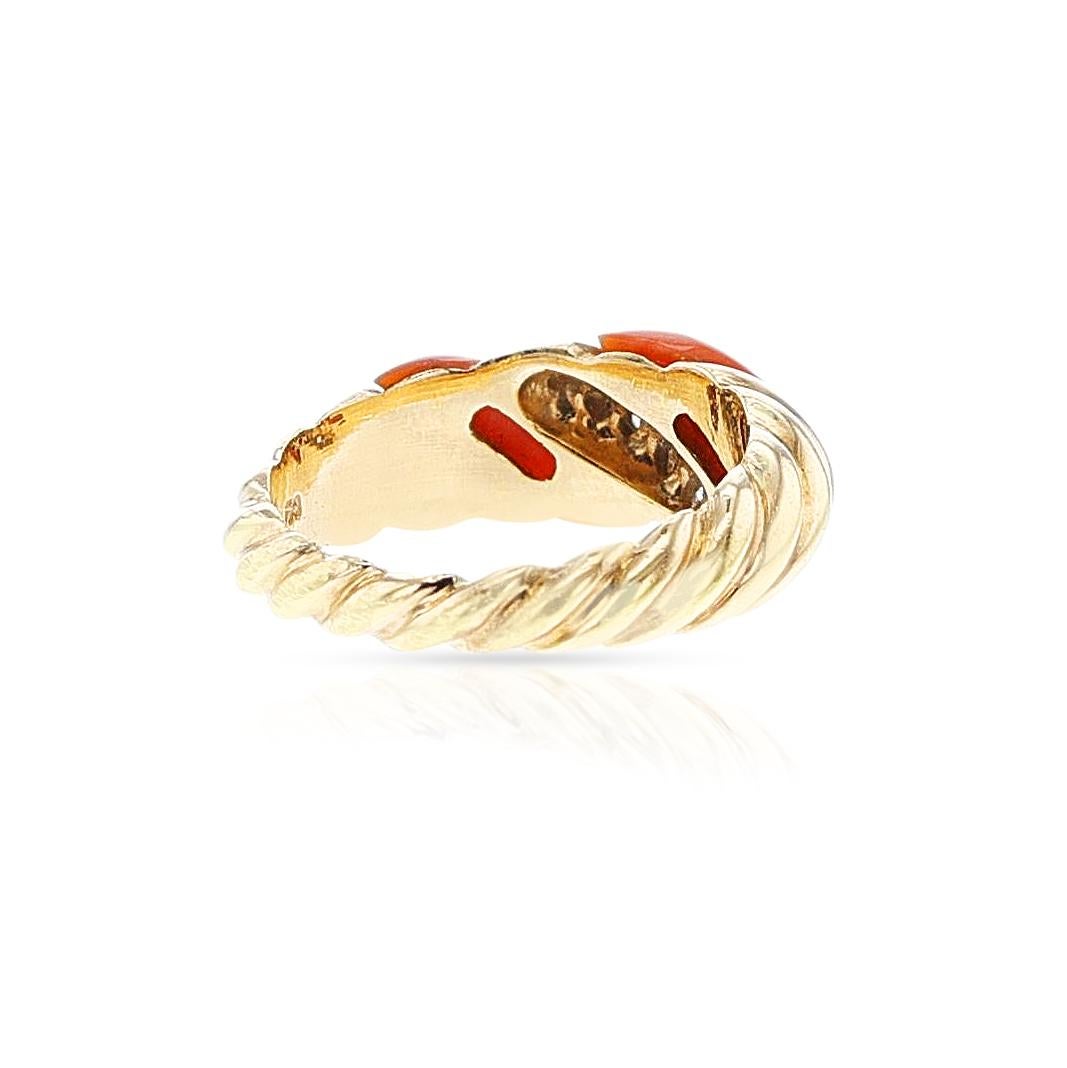 Women's or Men's Coral, Diamond and Gold Twisted Ring, 18k For Sale