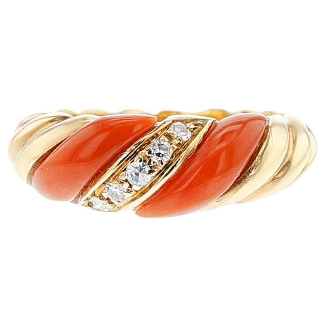 Coral, Diamond and Gold Twisted Ring, 18k