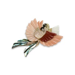 Coral, Diamond and Mother of Pearl 18 Karat Gold Parrot Brooch