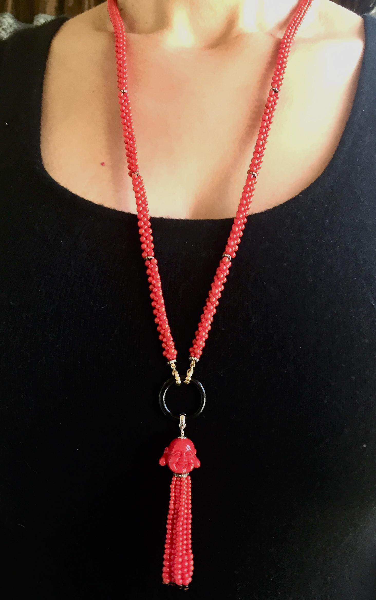 Marina j Coral, Diamond, and Onyx Woven Necklace with Coral Tassel and 14K Gold 4