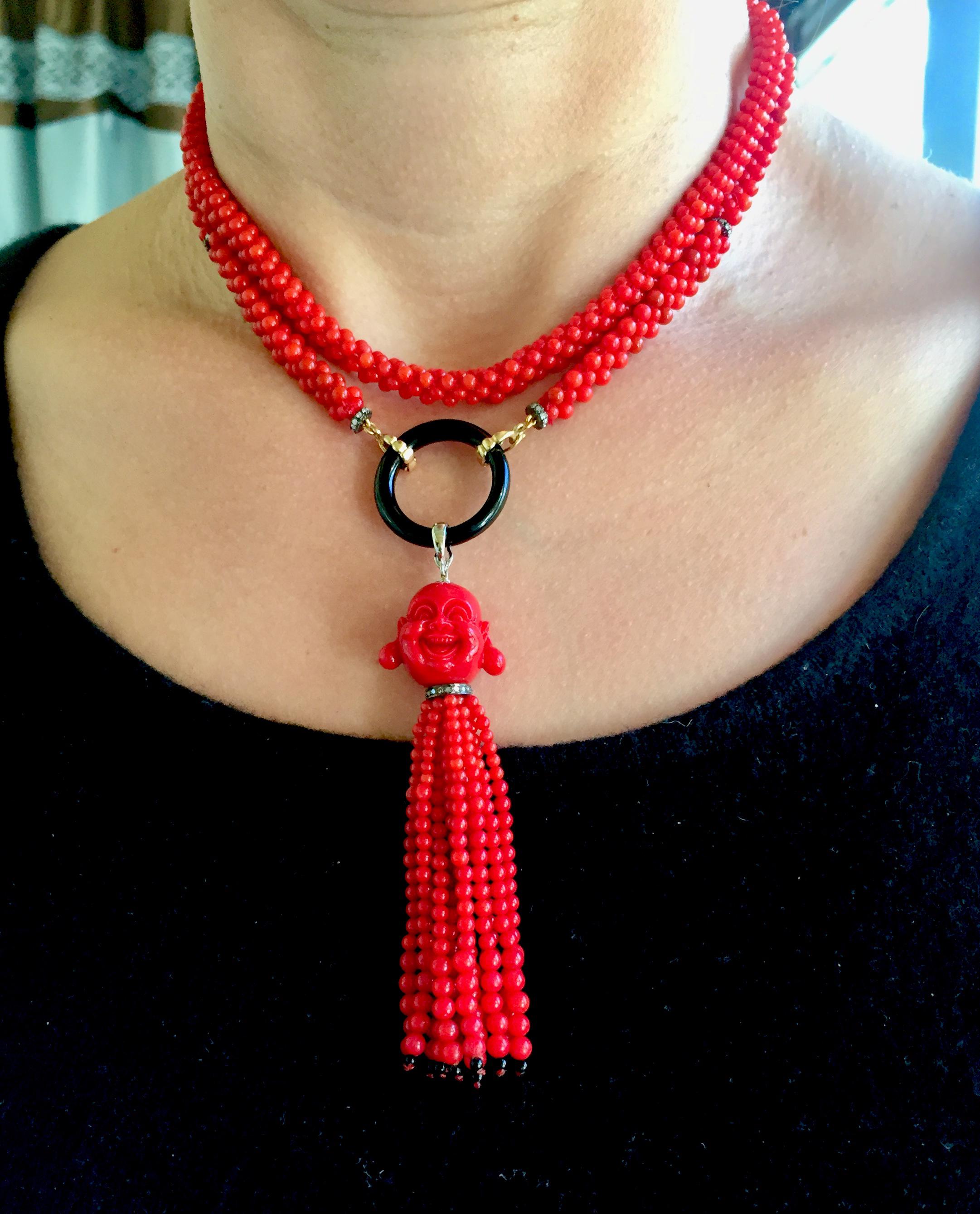 Marina j Coral, Diamond, and Onyx Woven Necklace with Coral Tassel and 14K Gold 3