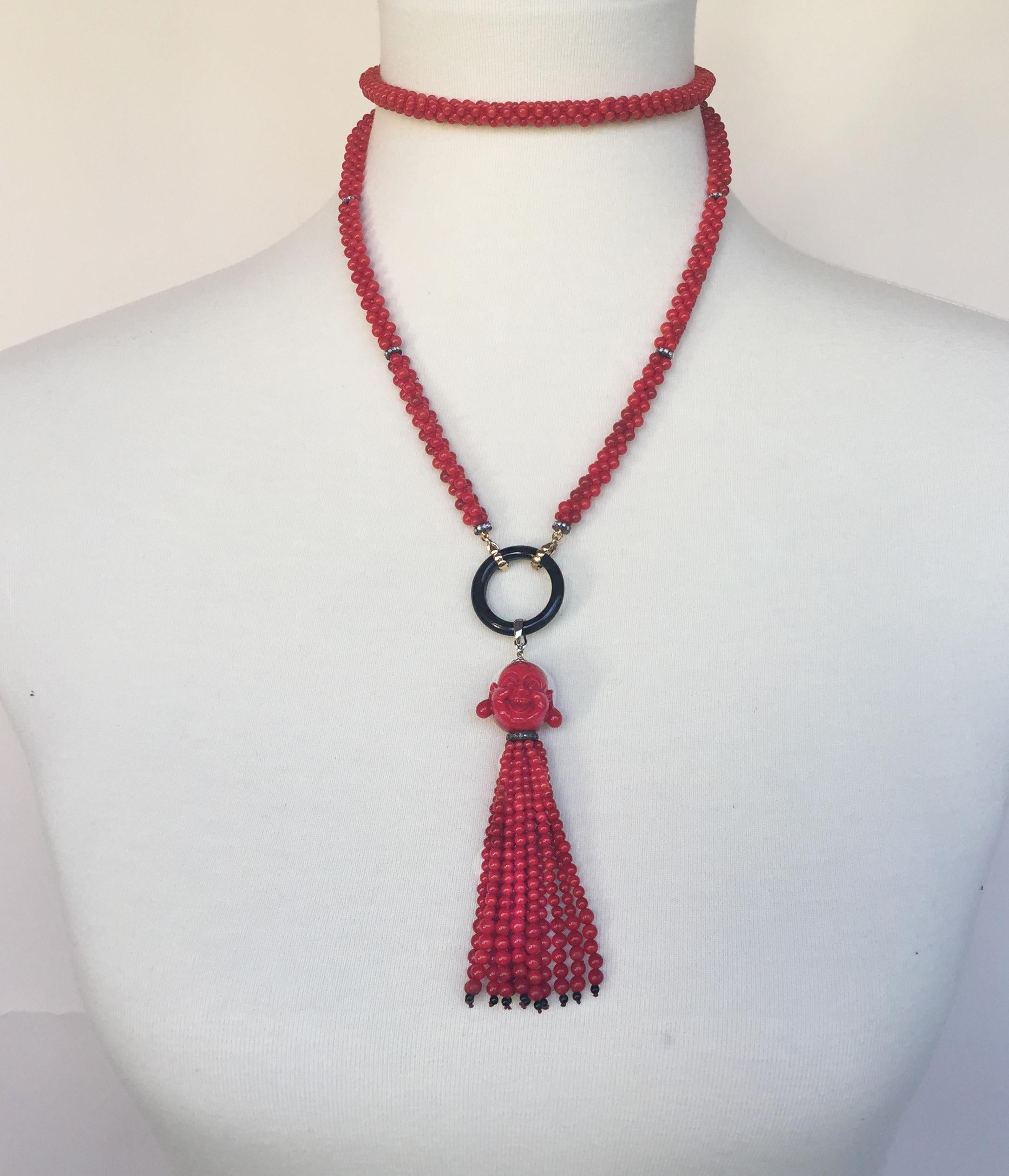 Bead Marina j Coral, Diamond, and Onyx Woven Necklace with Coral Tassel and 14K Gold