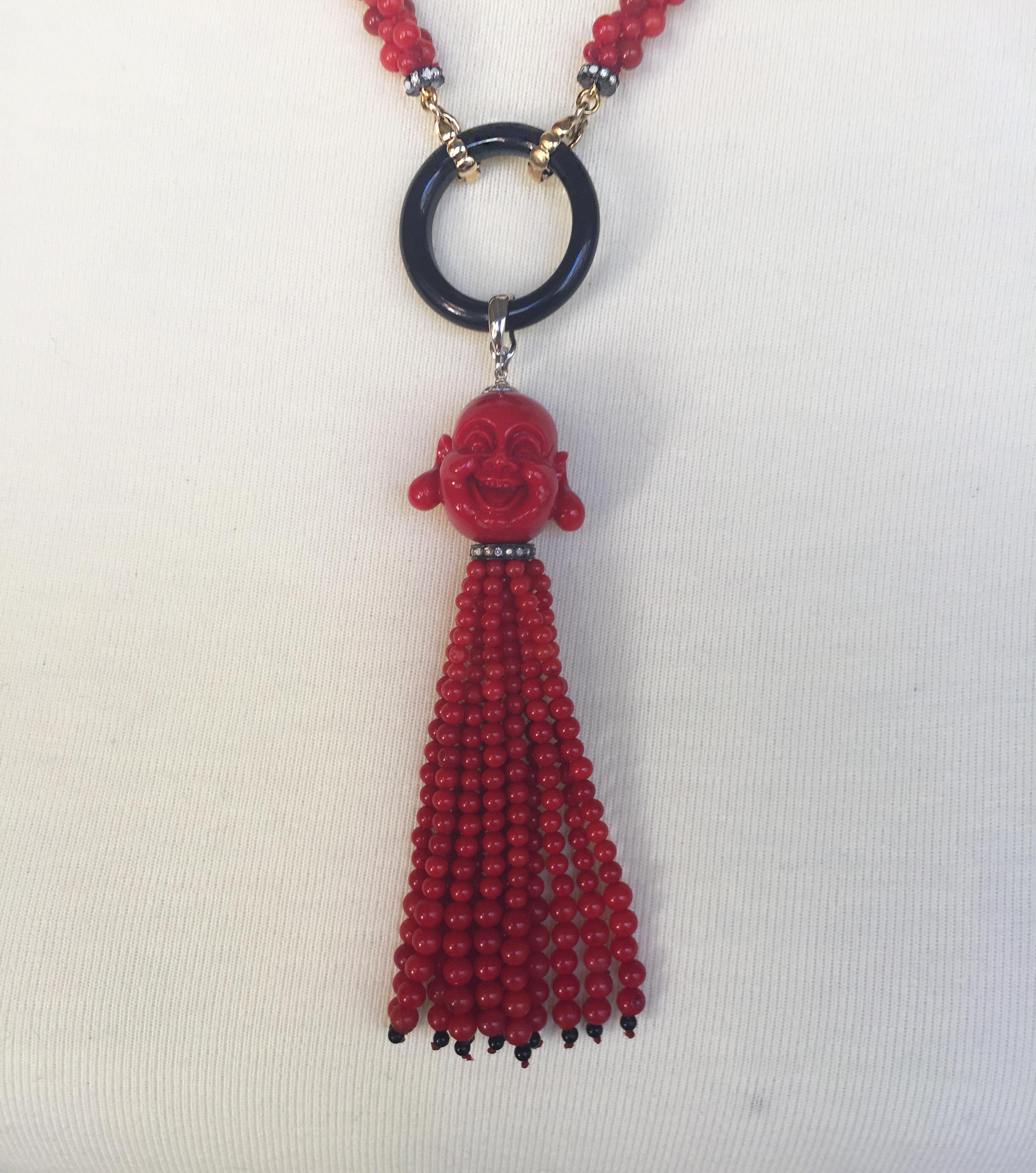 Marina j Coral, Diamond, and Onyx Woven Necklace with Coral Tassel and 14K Gold 2