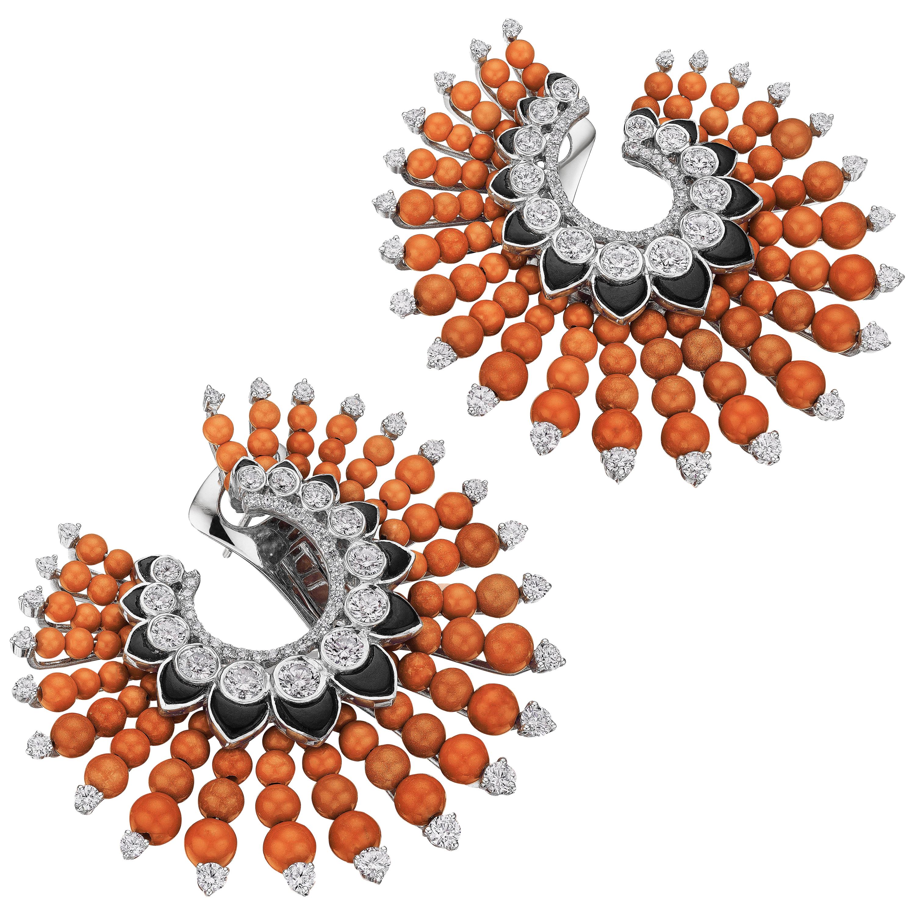 Siegelson Coral Diamond Onyx White Gold Spiral Hoop Earrings