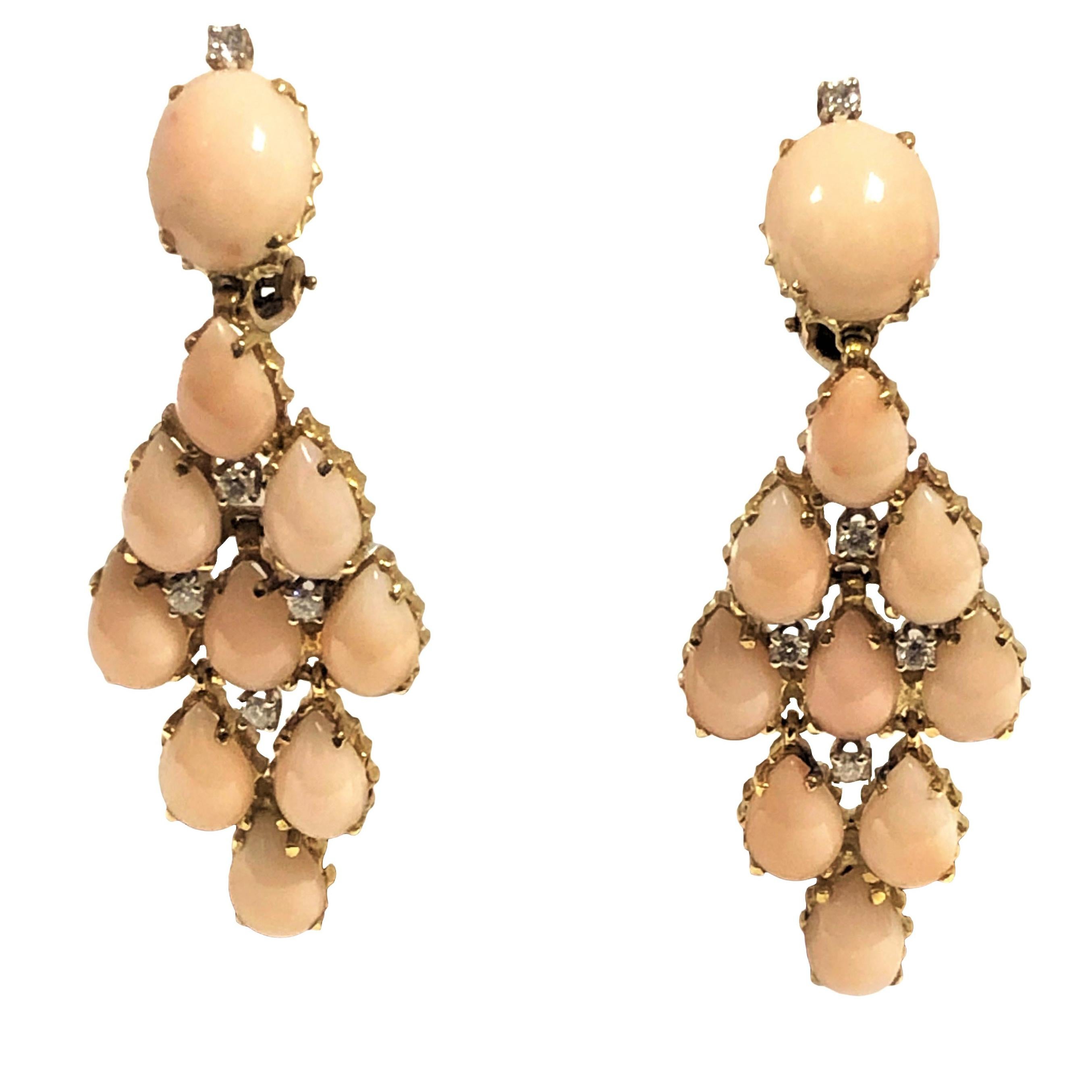 Coral Diamond and Yellow Gold Large Chandelier Earrings