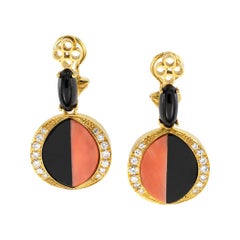 Vintage Coral Diamond Black Onyx Clip On Yellow Gold Drop Earrings