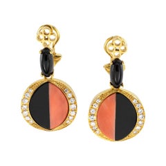 Retro Coral Diamond Black Onyx Clip On Yellow Gold Drop Earrings