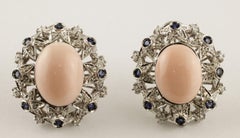 Oval Shape Pink Coral, Diamonds, Blue Sapphires, 18K White Gold Clip-on Earrings