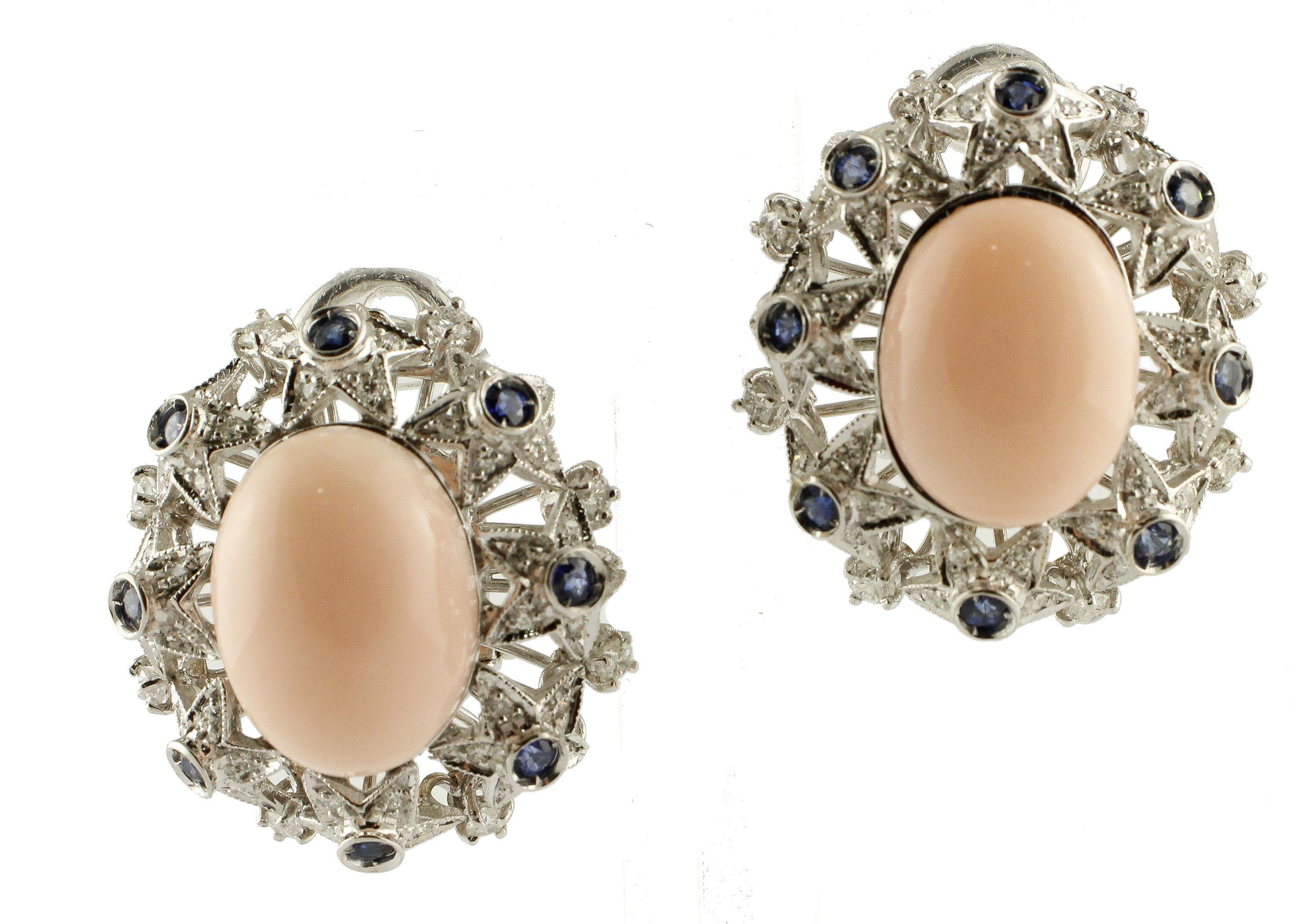 Retro Oval Shape Pink Coral, Diamonds, Blue Sapphires, 18K White Gold Clip-on Earrings For Sale