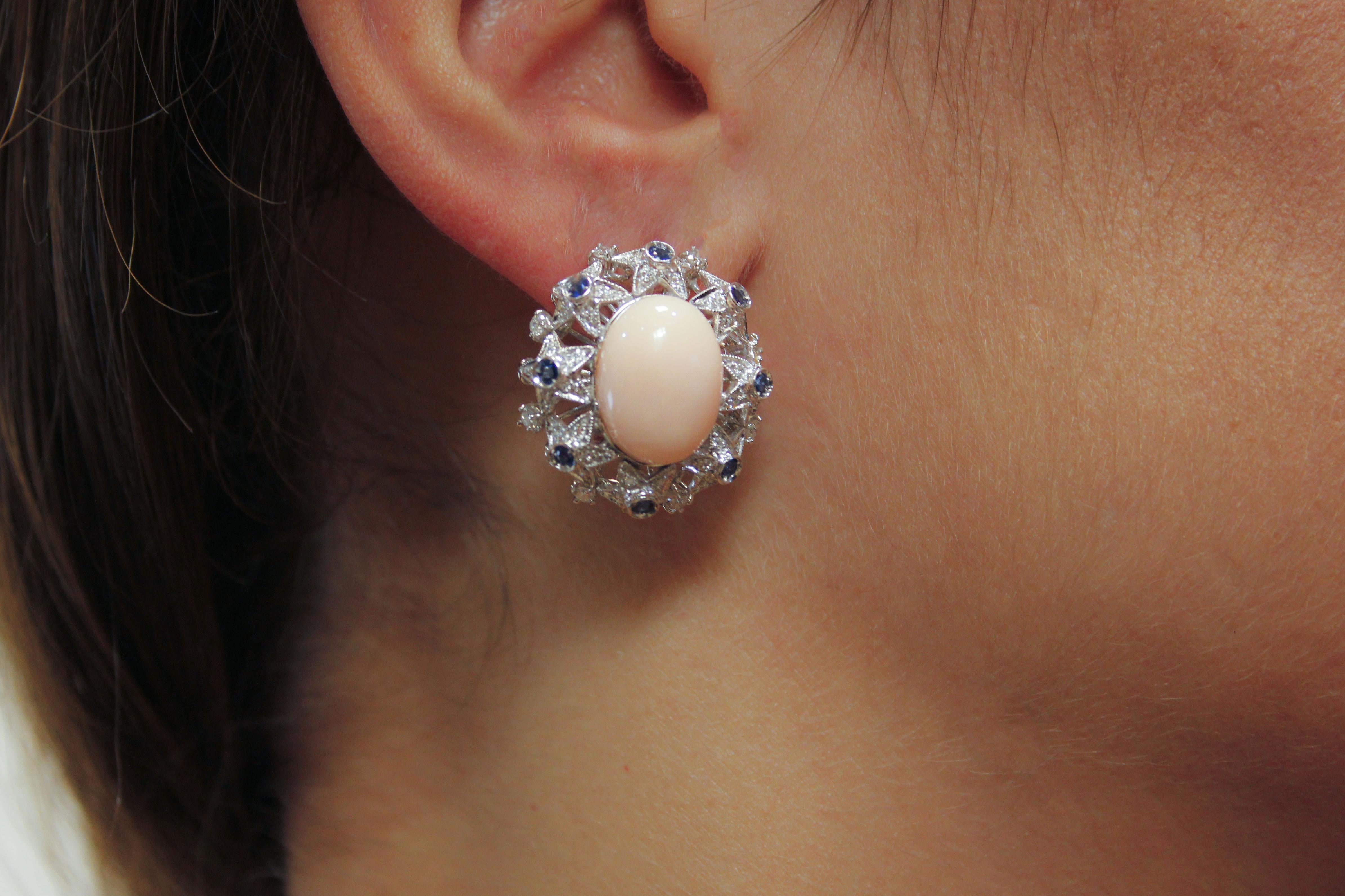 Oval Shape Pink Coral, Diamonds, Blue Sapphires, 18K White Gold Clip-on Earrings For Sale 3
