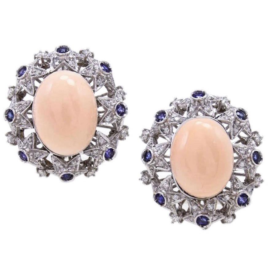Oval Shape Pink Coral, Diamonds, Blue Sapphires, 18K White Gold Clip-on Earrings For Sale