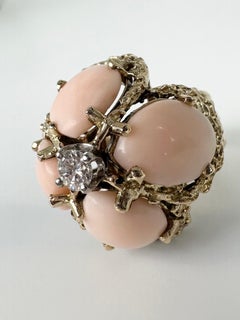 Coral & Diamond Cocktail Ring 14 Karat Yellow Gold Organic Vintage Ring