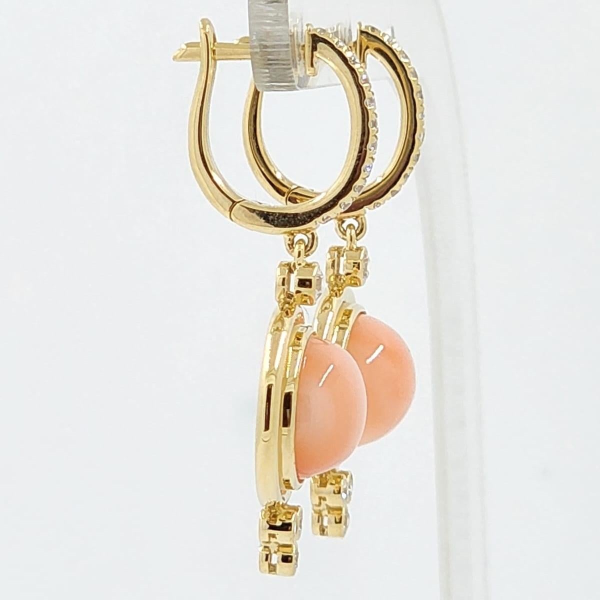 Contemporary Coral Diamond Dangle Drop Earrings in 14 Karat Yellow Gold For Sale
