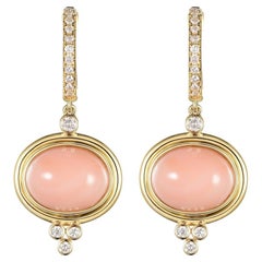 Coral Diamond Dangle Drop Earrings in 14 Karat Yellow Gold