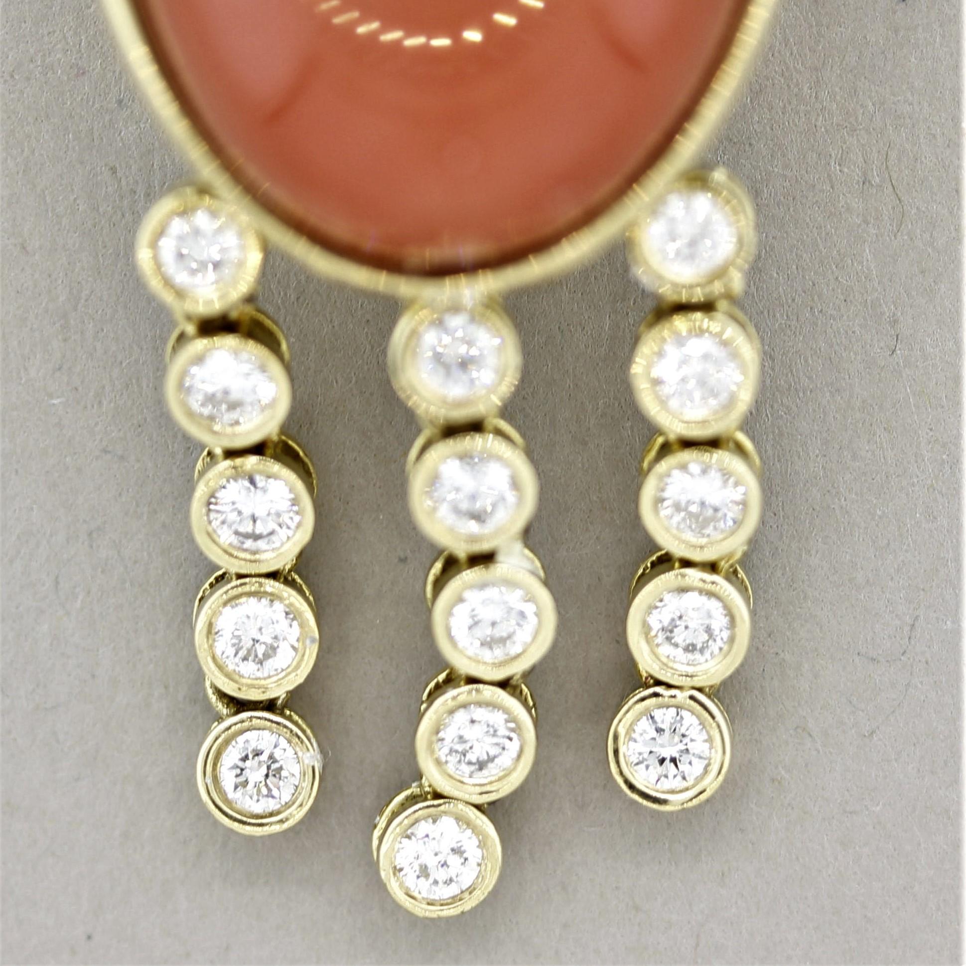 Mixed Cut Coral Diamond Dangle Gold Tassel Pendant