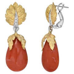 Vintage Coral Earrings Diamonds Yellow Gold