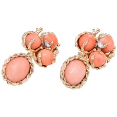 Coral Diamond Drop Earrings Vintage 1960s 14 Karat Gold Estate Fine Jewelry