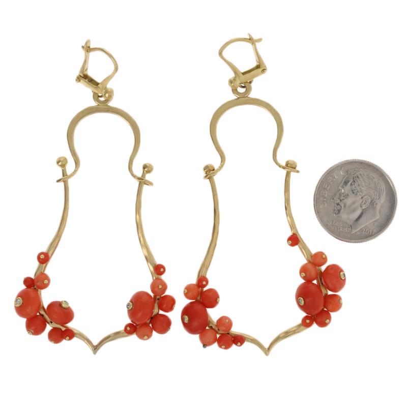 Coral and Diamond Earrings, 18 Karat Yellow Gold Pierced Dangles 2