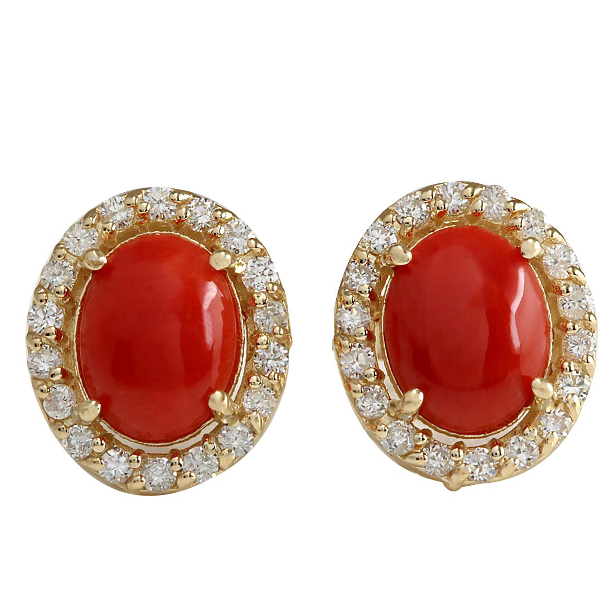 Oval Cut Coral Diamond Earrings In 14 Karat Yellow Gold For Sale