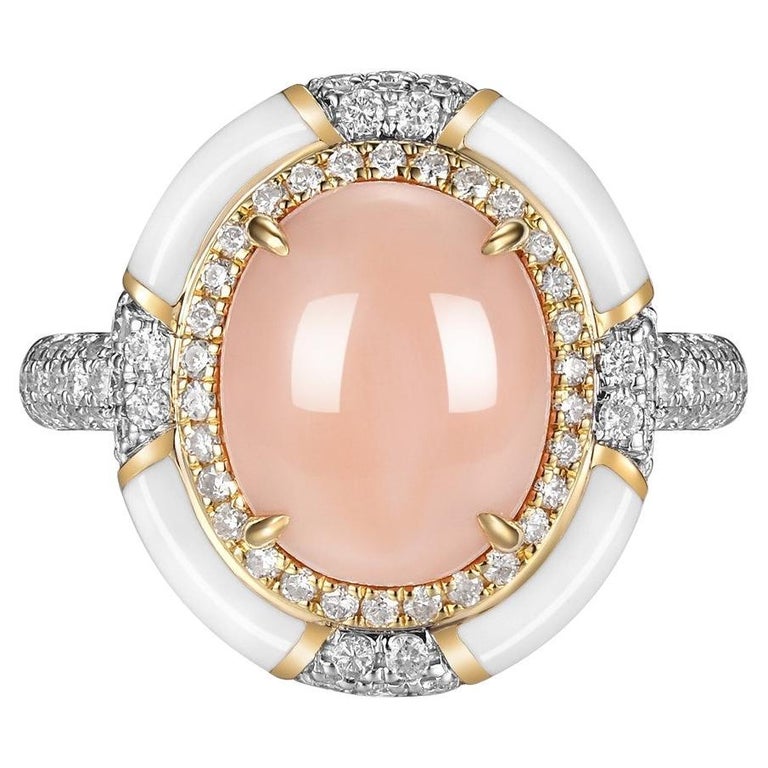 Coral Diamond Enamel Ring in 18 Karat Yellow Gold For Sale at 1stDibs