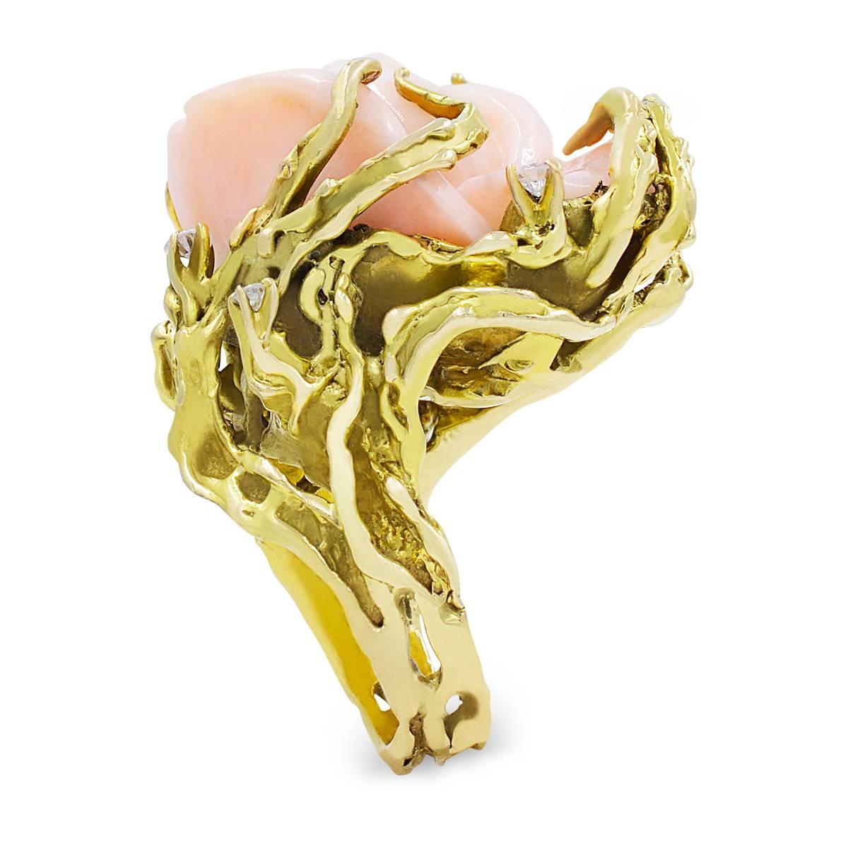Coral Diamond Flower Yellow Gold Ring 5