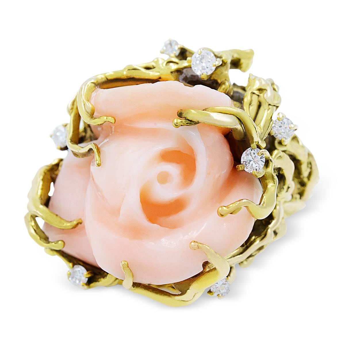 Coral Diamond Flower Yellow Gold Ring 1