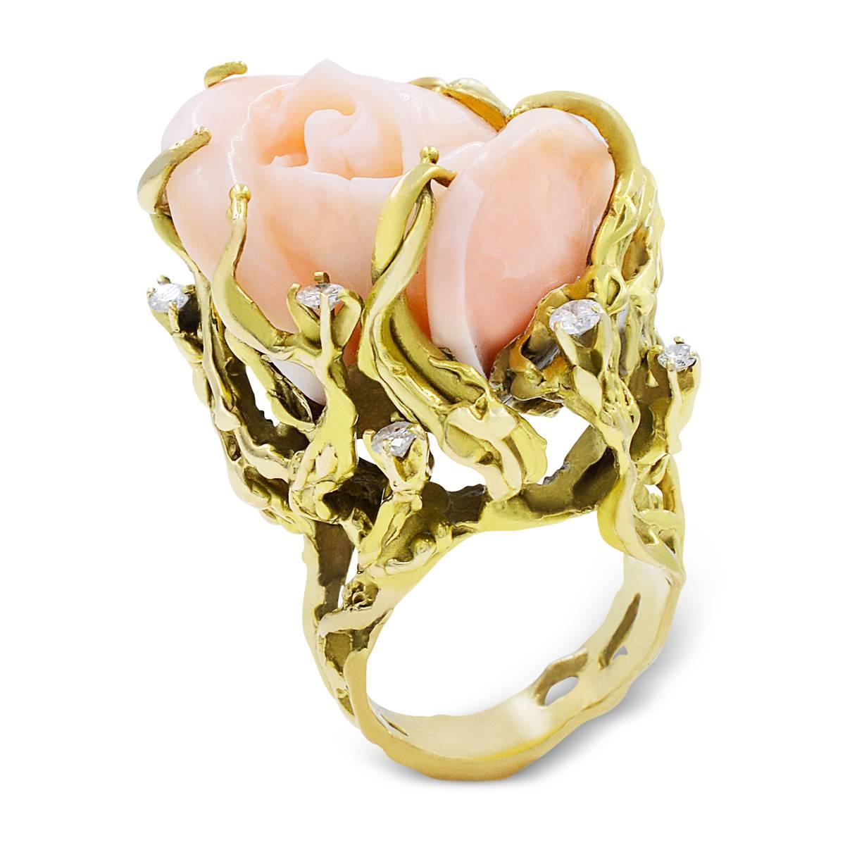 Coral Diamond Flower Yellow Gold Ring 2
