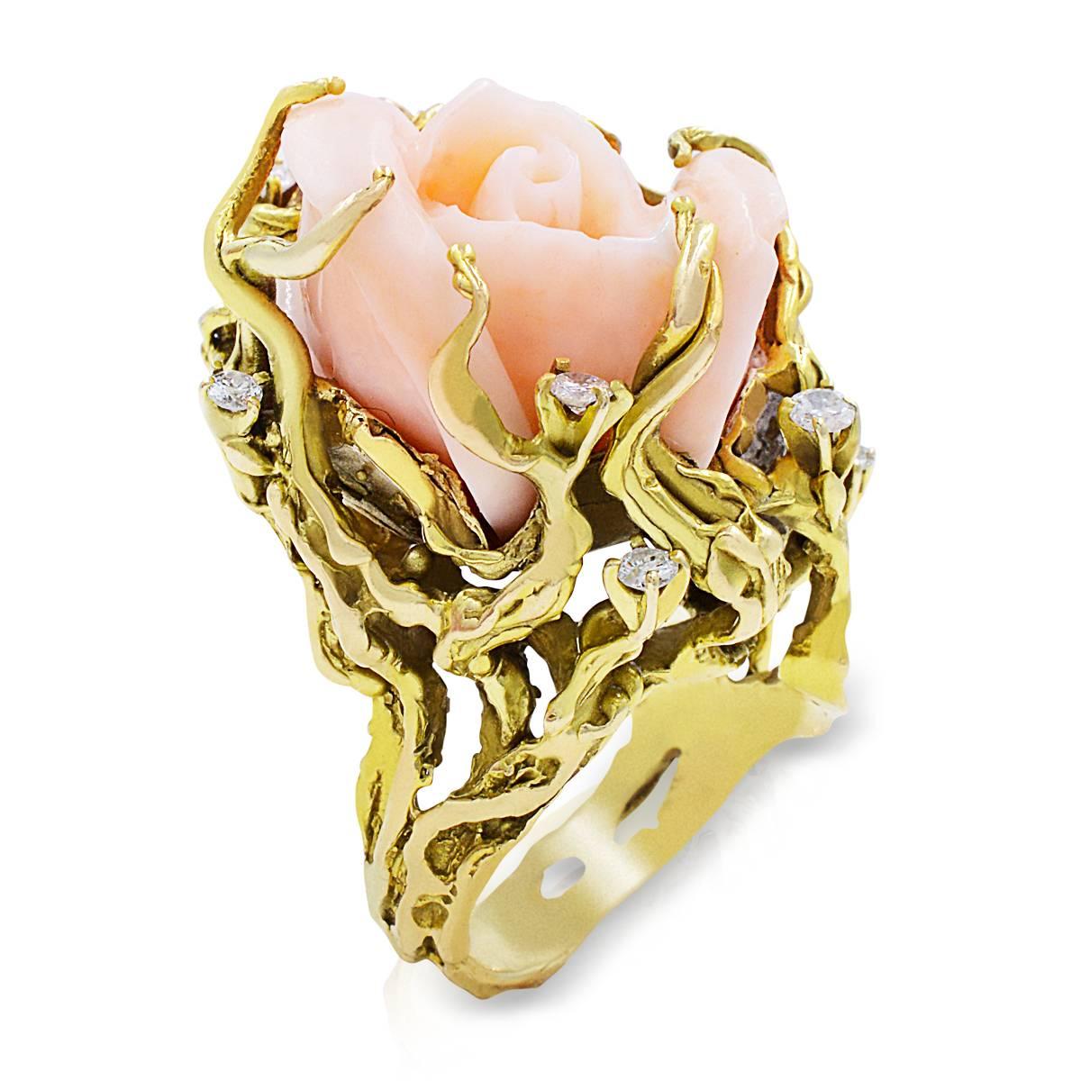 Coral Diamond Flower Yellow Gold Ring 3