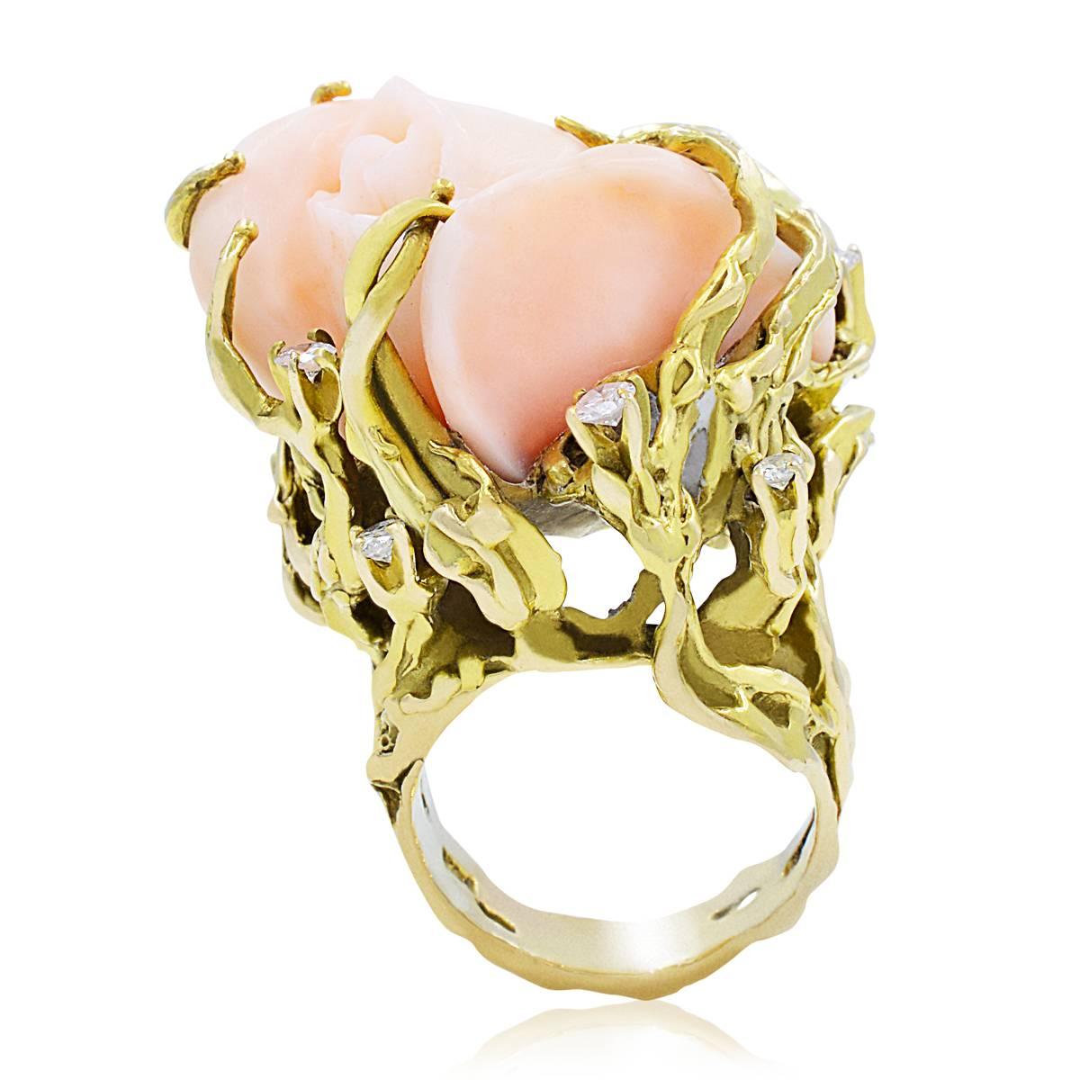 Coral Diamond Flower Yellow Gold Ring 4