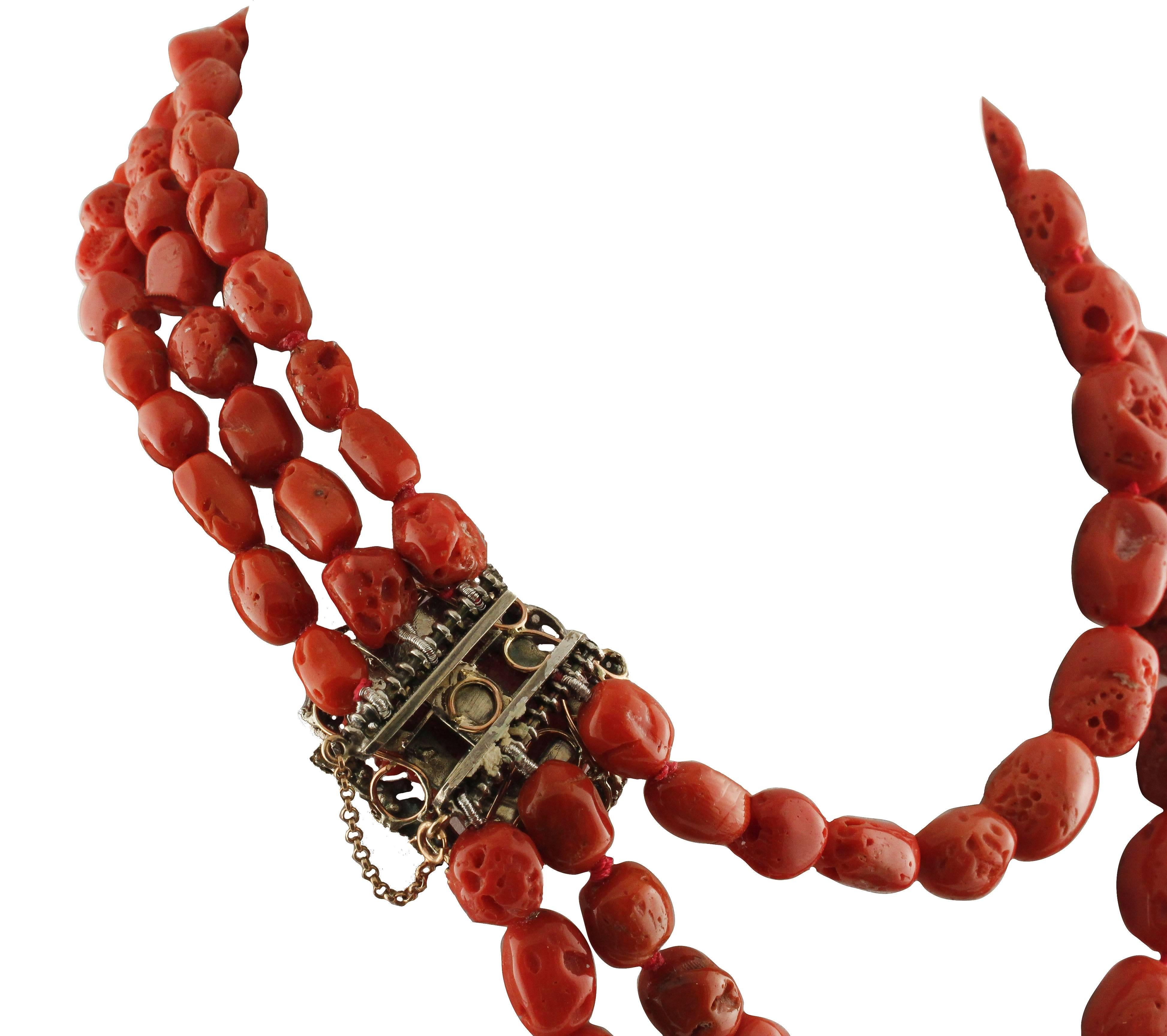 Retro Rows and Engraved Face Red Corals, Diamonds, Garnets Rose Gold and Silver Necklace