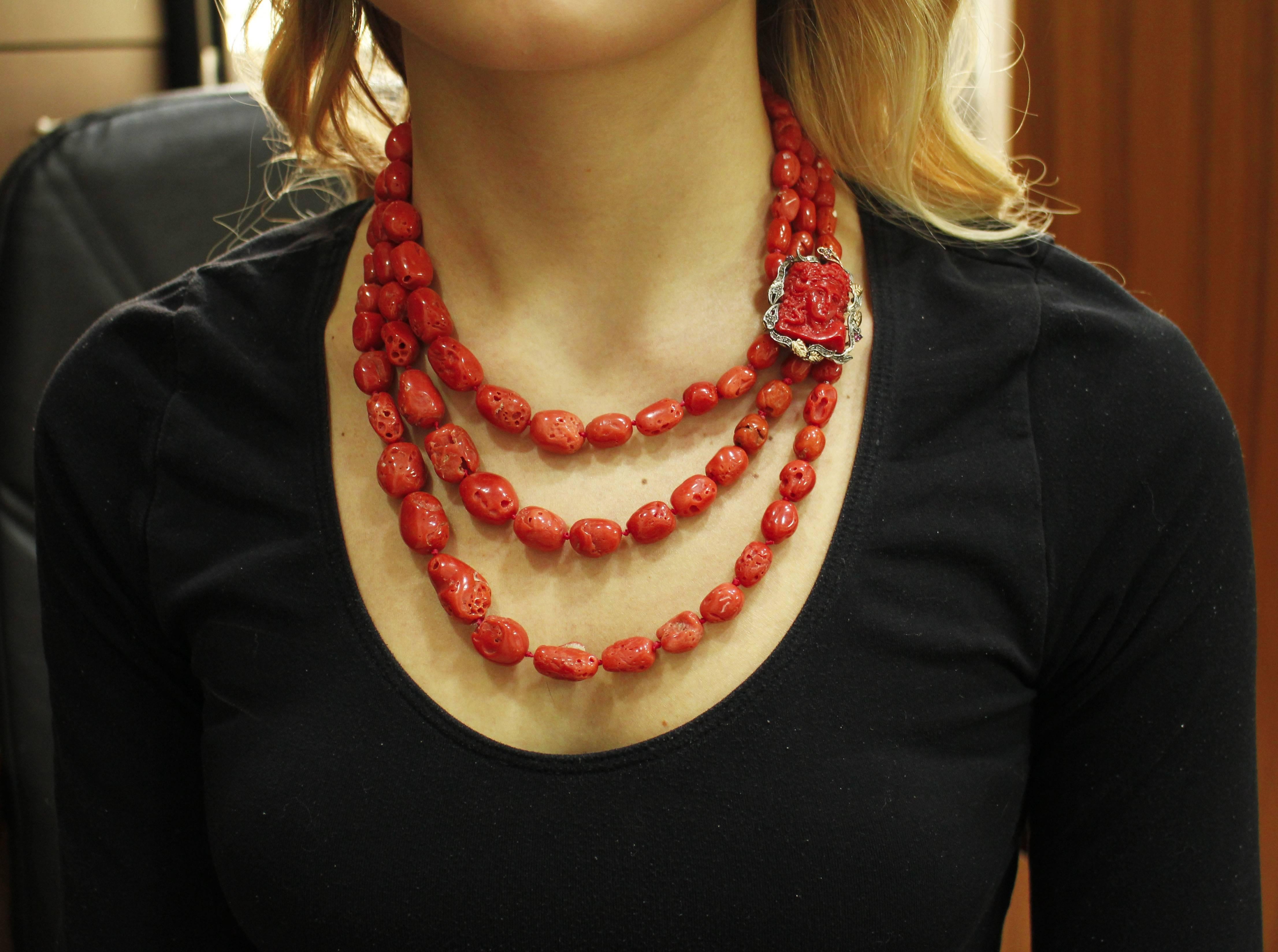Round Cut Rows and Engraved Face Red Corals, Diamonds, Garnets Rose Gold and Silver Necklace