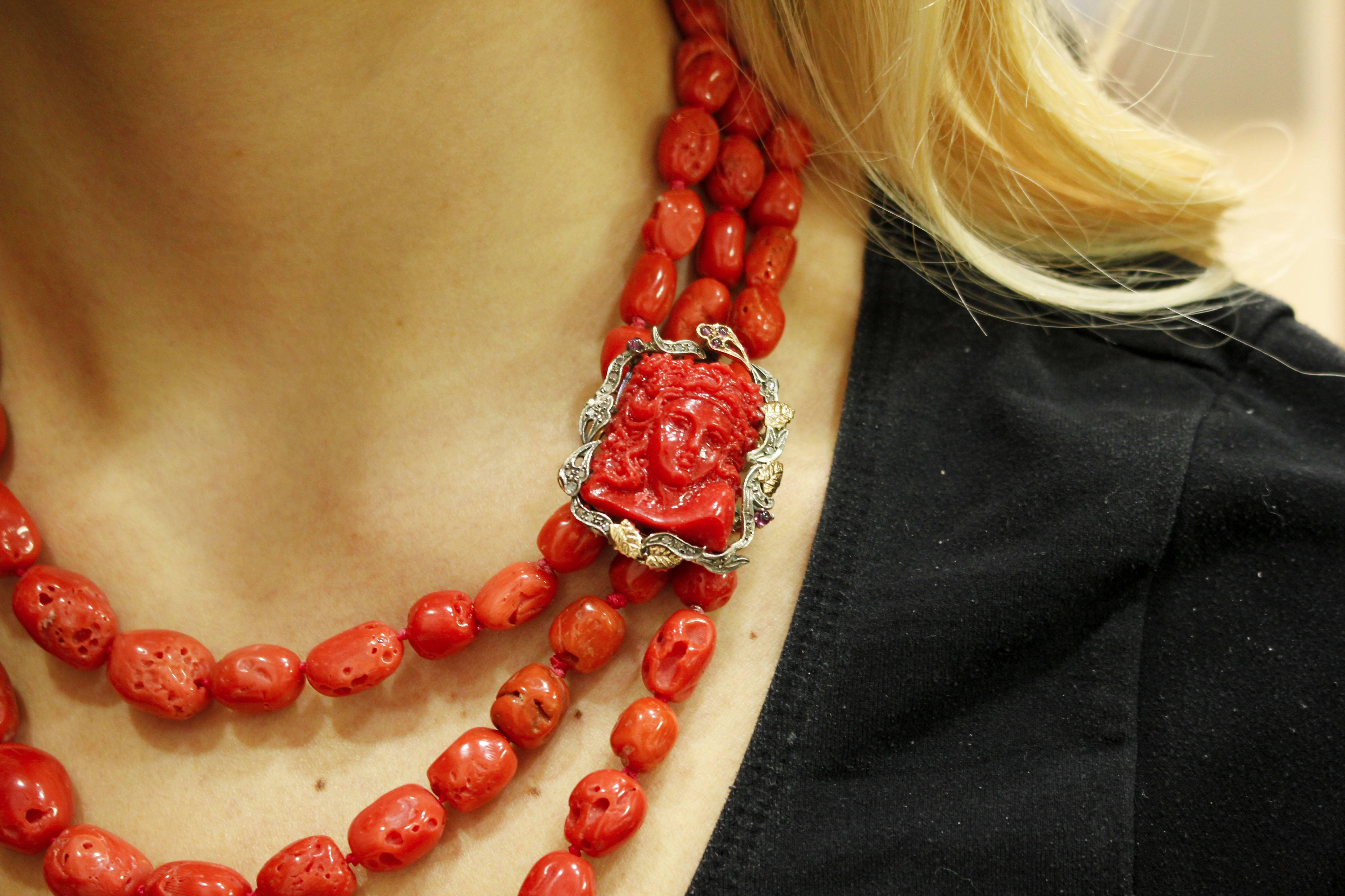 Women's Rows and Engraved Face Red Corals, Diamonds, Garnets Rose Gold and Silver Necklace