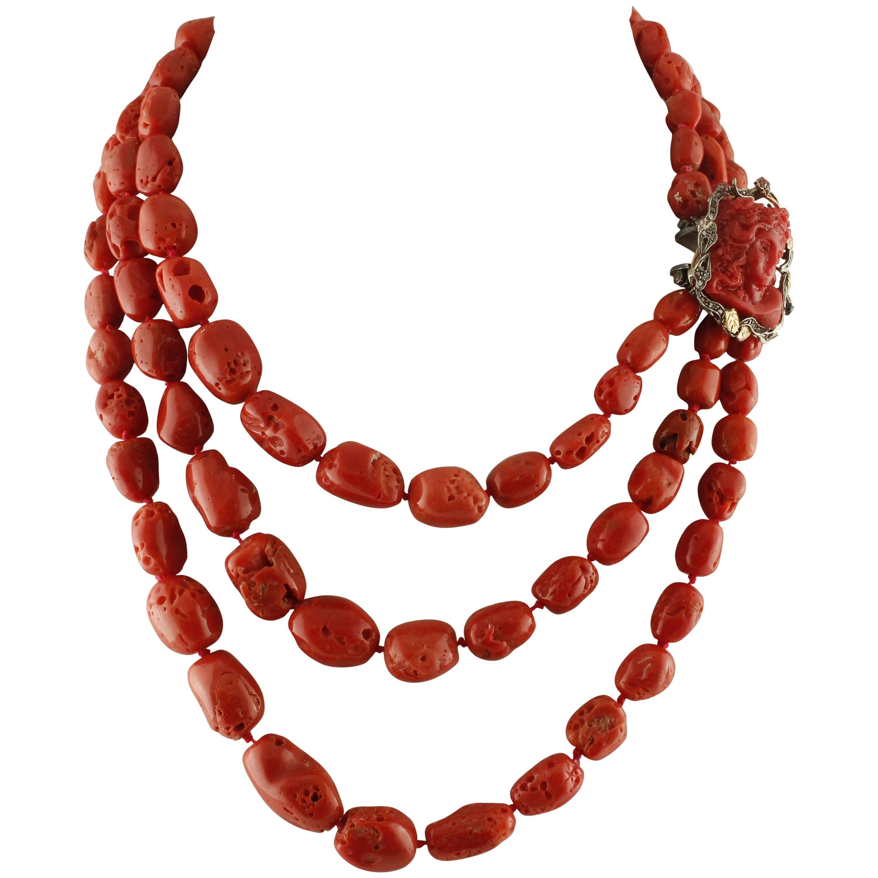 Rows and Engraved Face Red Corals, Diamonds, Garnets Rose Gold and Silver Necklace